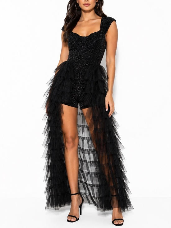 Pants - Black Sequins Tulle Jumpsuit  - Sparkle Tulle High-Low Romper Dress